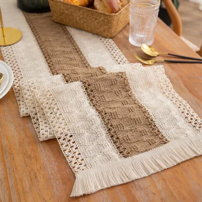 Produktbild von Tischläufer aus Leinen, waschbarer Vintage-Makramee-Tischläufer mit Quasten im Landhausstil für Hochzeiten, Geburtstage, festliche Anlässe, Küche und Couchtischdekoration