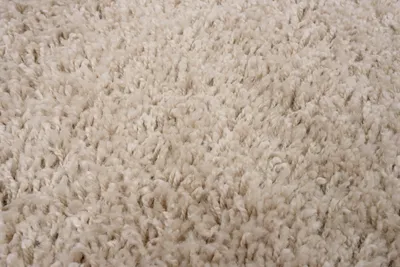 A close-up view of a beige, shaggy rug.