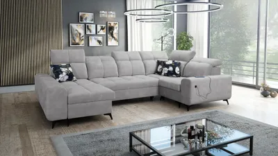 Produktbild von Wohnzimmer Couch Sofa in U-Form Ecksofa GOLD IV Ottomane Links Farbe Grau Stoff WAVE 15