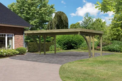 Produktbild von Doppelcarport Classic 1 Holz Überdachung Unterstand PVC-Dach inkl. zwei Einfahrtsbögen kesseldruckimprägniert 563x284,5x237 cm