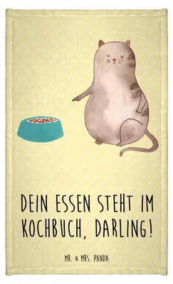 Produktbild von Mr. & Mrs. Panda Handtuch Katze Fressen - Gelb Pastell - Geschenk, gäste wc, Gästetuch, Gästehandtuch 30x50, Frotteehandtuch, Frotteetuch