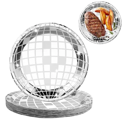 25 Retro-Disco-Papierteller, 23 cm, silber, Einweg