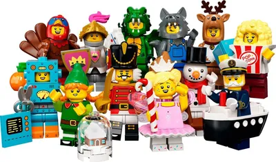 A collection of LEGO minifigures, each dressed in a distinct costume, arranged together.
