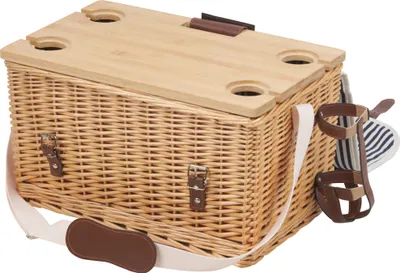 Produktbild von CampFeuer Picknickkorb 4 Personen mit Serviertisch und Geschirr-Set, 25-teilig, Weidenkorb mit Kunstlederriemen