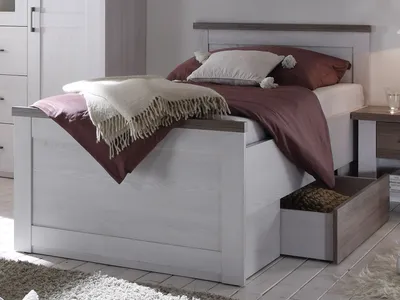Produktbild von Bett Jugendbett Bettgestell Kompaktbett Bettrahmen Einzelbett "Lebbie II" Pinie Weiß / Trüffel