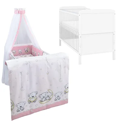 Produktbild von Baby-Delux Babybett Kinderbett Natalie Umbaubar 140x70 Weiß Beißschienen Bettset Komplett mit Motiv Teddy Mond Rosa