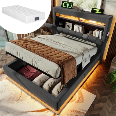Obrázek produktu pro Postel 90x200 cm, jednoduchá postel s čalouněnou konstrukcí, čelo postele s úložným prostorem a USB porty a porty typu C, LED osvětlení na čele a nožní straně postele