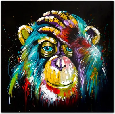 Produktbild von TPFLiving Kunstdruck LW-853 (OHNE RAHMEN) Poster - Leinwand - Wandbild - Hochauflösender Giclée-Druck, langlebig und hochwertig - Grafitti Art - Bunter, denkender Affe - Größe: 60x60cm