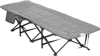 A camping cot with a black and white checkered pattern on a white background.
