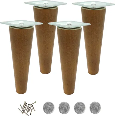 Four wooden furniture legs with metal tops and screws and felt pads on a white background.