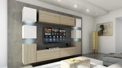 Obrázek produktu pro Furnitech Obývací stěna - Nábytek do obývacího pokoje s LED RGB - 16 barev - Moderní závěsná skříňka - Police a TV skříňka (Future 14_HGM_WS_15 1B - 316 cm)