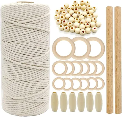Obrázek produktu pro Sada přízí Přírodní macrame šňůra macrame příze 3 mm x 109 yardů 56 kusů dřevěných korálků 15 kusů dřevěných kroužků 2 kusy dřevěných tyčinek pro řemesla na zavěšení na zeď Sada makrame pro začátečníky