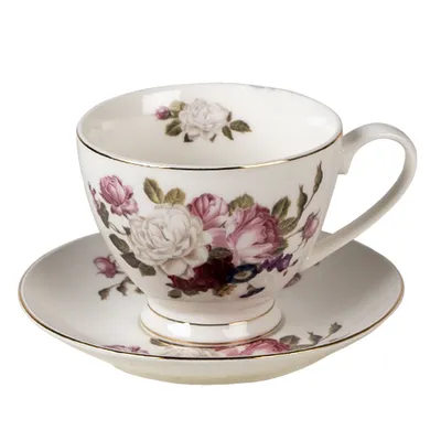Produktbild von Clayre & Eef Tasse mit Untertasse 200 ml Weiß Porzellan Blumen