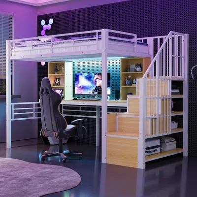 Obrázok produktu pre Poschodová posteľ Merax 90×200 cm s písacím stolom, detská posteľ s LED osvetlením a zásuvkou, schodisko s úložným priestorom montovateľné na ľavej alebo pravej strane, kovový rám, biela