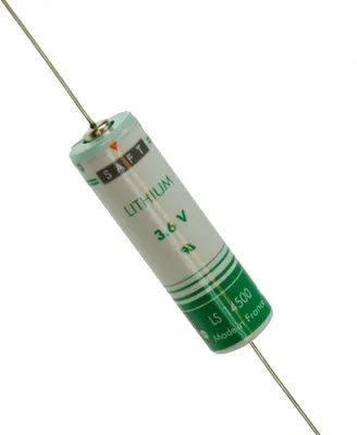 A single battery with two axial wires against a white background.
