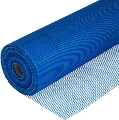 A roll of blue fiberglass mesh fabric.