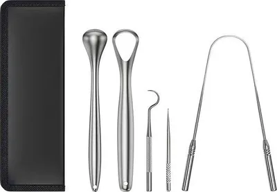 Produktbild von Professioneller Zungenreiniger – 5-in-1 Set – Hygienischer Zungenreiniger – Zungenreiniger – Antibakteriell – Für die Mundpflege – Zungenbürste – Edelstahl – Zungenreinigungsset gegen Mundgeruch