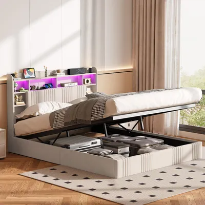 Produktbild von UnboxG Polsterbett 160x200cm mit Ladefunktion (USB & Type-C), Doppelbett Jugendbett mit Led, Stauraumbett Boxspringbett mit Stauraum, Leinen, Beige