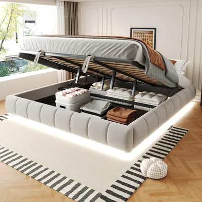 Zdjęcie produktu dla Flieks hydrauliczne łóżko tapicerowane 180x200cm bez zagłówka, łóżko młodzieżowe z led, łóżko na sprężynach skrzyniowych podwójne łóżko z ramą z listew, aksamit, beżowy