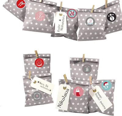Produktbild von DIY Adventskalender zum Befüllen Bescherung, Papiertueten flach 13x16,5cm, taupe Stern, Ziffern bunt