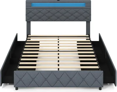 Immagine prodotto di COSTWAY Letto imbottito 140x200 cm con LED, 2 porte USB, struttura letto matrimoniale con cassetti, testiera regolabile e rete a doghe, senza materasso