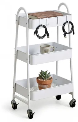 Obrázok produktu pre Biely 3-poschodový úložný vozík s háčikmi a kolieskami