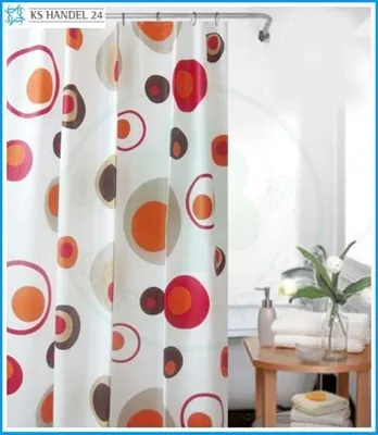 Zdjęcie produktu dla Zasłona prysznicowa Peva 120x180 cm Kolorowe kółka biały brązowy czerwony z pierścieniami do zasłony prysznicowej