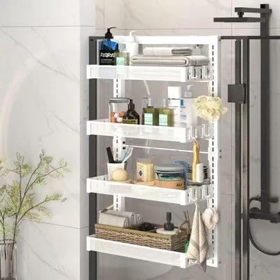 Produktbild von Famanu Duschregal mit 4 Ebenen, rostfreies Stahl, Duschablage mit Haken, universelles Badezimmerregal ohne Bohren, verstellbar, weiß