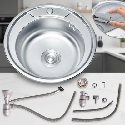 A kitchen sink and its accessories are displayed, with a close-up inset showing a hand cleaning the sink.