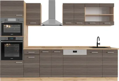 Produktbild von Küchenzeile Vicco R-Line Edelgrau/Goldkraft Eiche 300 cm mit Hochschrank, ohne Arbeitsplatte, Model 53403