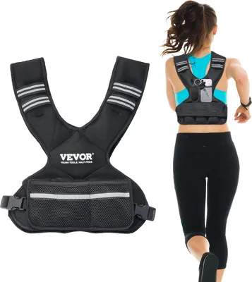A woman is shown running while wearing a weighted vest. The vest is also shown separately.