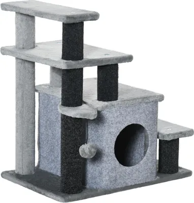 Produktbild von Kratzbaum, Tiertreppe, 4 Stufen, Spielball, Häuschen, höhenverstellbar, schwarz+grau, 60 x 40 x 66 cm