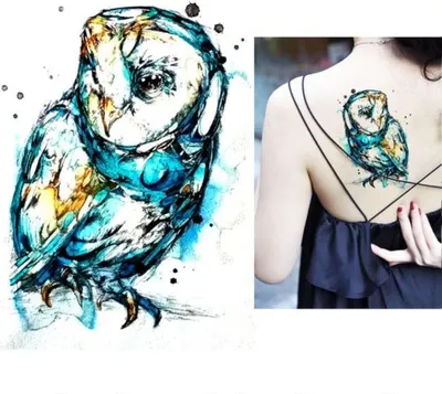 Produktbild von Temporäres Tattoo Uhu Eule Bunt Design Temporary Klebetattoo Körperkunst