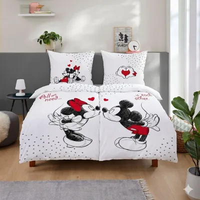 Produktbild von Mickey & Minnie Mouse Bettwäsche Set 4-teilig 135x200 80x80 cm - Partner Bettwäsche, weiß aus 100% Baumwolle mit Reißverschluss -