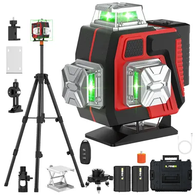 Zdjęcie produktu dla Laser krzyżowy – 16 linii, 4D – samopoziomujący – 360° w poziomie i pionie – zielone linie laserowe – z statywem – w plastikowym etui