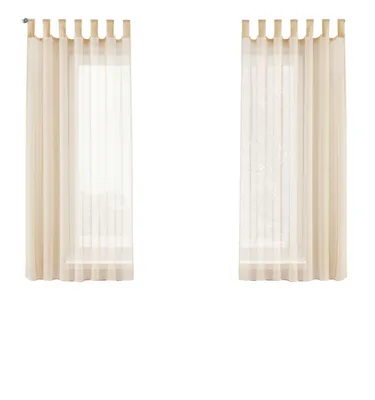 Two sheer curtains hanging on a window rod against a white background.