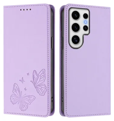 Obrázek produktu pro Kožené pouzdro pro Samsung Galaxy S24 Ultra, motýlí ražbou, peněženkové flip pouzdro se stojánkem Světle fialová