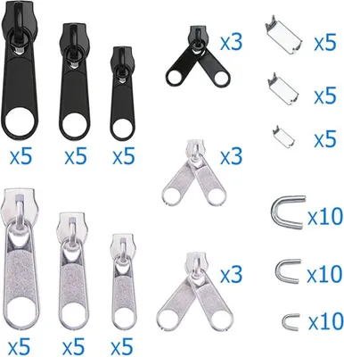 Productafbeelding van 84-delig reparatieset voor ritsen, inclusief ritsrunners van metaal. Aantal: 84 stuks