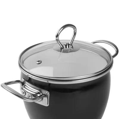 A close-up view of a black pot with a glass lid and silver handles, isolated on a white background.