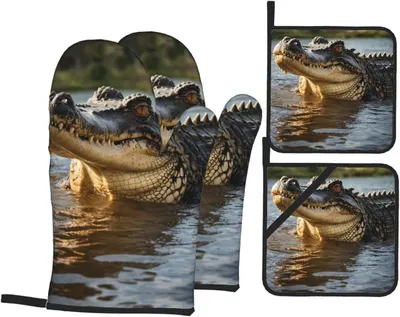 Produktbild von Großes 4-teiliges Küchenhandschuh- und Topflappen-Set von CrocodileA mit bedruckten Ofen- und Grillhandschuhen