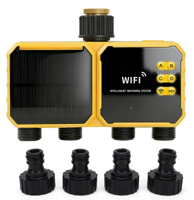 Obrázek produktu pro Časovač zavlažování se 4 zónami, solární WiFi časovač s dálkovým ovládáním přes aplikaci, funkcí dešťového senzoru, nastavitelným panelem v úhlu 90°, automatické venkovní zavlažování