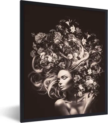 Produktbild von MuchoWow® Gerahmtes Poster Blumen - Frau - Natur 60x80 cm - Poster mit Schwarzem Bilderrahmen Wandposter Rahmen Foto Bilder - Premium - Wanddeko Wohnzimmer