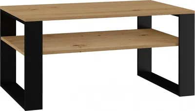 A modern coffee table with a wooden top and black metal legs, shown against a white background.