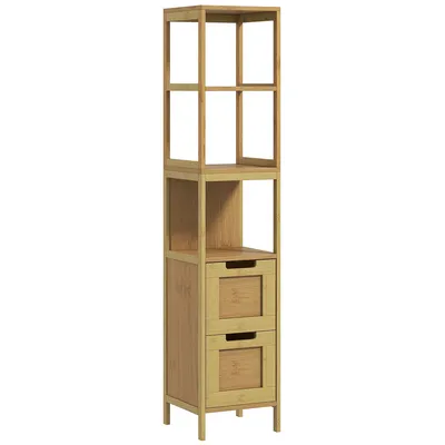 Image de kleankin Meuble Colonne Rangement Salle de Bain Style Cosy dim. 30L x 30l x 144H cm 3 étagères 2 tiroirs Bambou Naturel