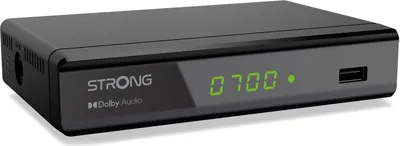 A black digital receiver box with a green digital display and a USB port on the front.