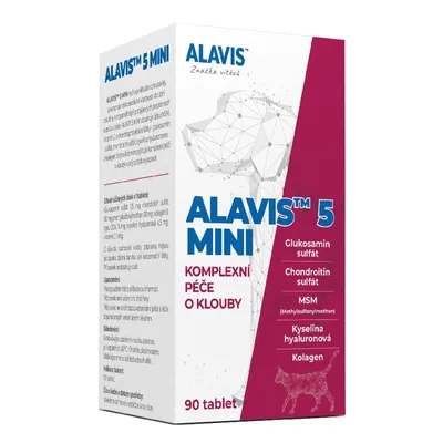 A product box for ALAVIS 5 MINI tablets, showing the brand logo, product name, and key ingredients.