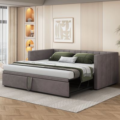Flieks Schlafsofa 90x200cm/180x200cm Tagesbett Daybett, Kinderbett mit Lattenrost und Armlehnen, Gästebett Jugendbett, Samt, Grau
