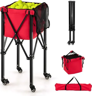 Produktbild von COSTWAY Zusammenklappbarer Tennisballwagen, leichter Tennisballkorb aus Aluminium mit Rädern, abnehmbarer Tasche, Seitentaschen & Tragetasche, tragbarer Ballwagen für 150 Tennisbälle, Rot