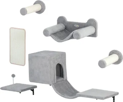 Produktbild von Kletterwand Katzen 6-teilig Katzen Kletterwand Set mit Katzenhaus, Hängematte, Plattform Kratzbrett Grau