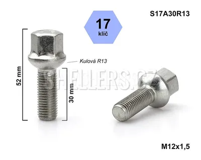 Obrázek produktu pro Kolový šroub M12x1,5x30 kulový R13, Audi, Seat, Škoda, VW, klíč 17, S17A30R13, výška 52 mm
